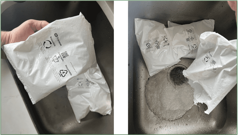 Images of Fresh N Lean's drain-safe ice packs being opened and poured down the drain