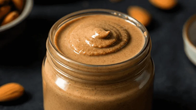 a jar of almond butter on a table beside some almonds