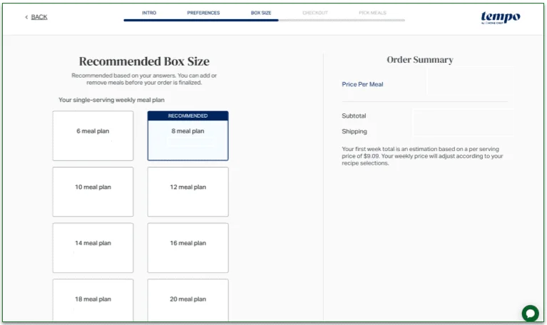 You can order 6 to 20 Tempo meals per week