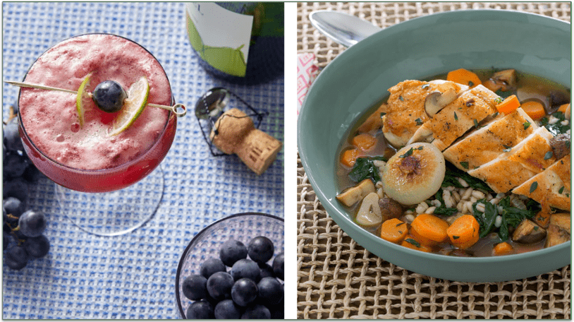 Blue Apron's Grape Cocktail recipe and Pan-Seared Chicken Verjus served in a bowl