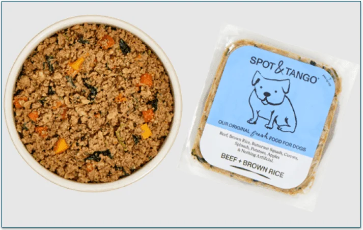 Spot & Tango's Beef and Brown Rice fresh recipe in a bowl with the packaging next to it