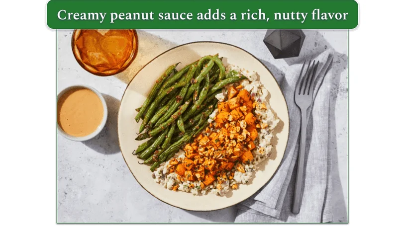 Factor's Spicy Sweet Potatoes & Peanut Sauce with Coconut Rice & Miso-Roasted Green Beans recipe