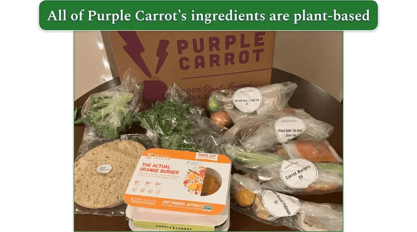 An unboxed Purple Carrot delivery