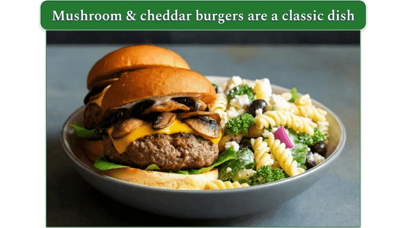 two mushroom and cheddar burgers on brioche buns