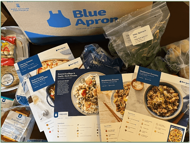 Blue Apron ingredients, all clearly labeled, with recipe cards laid out on top