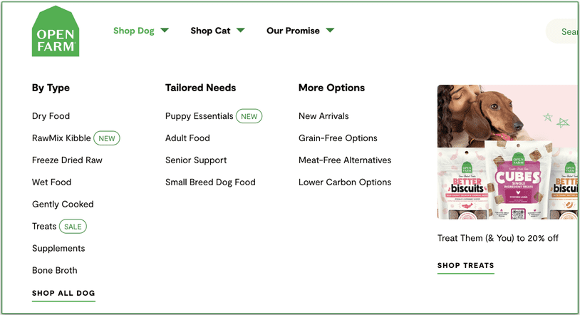 Screenshot of Open Farm’s dog food menu by type and needs