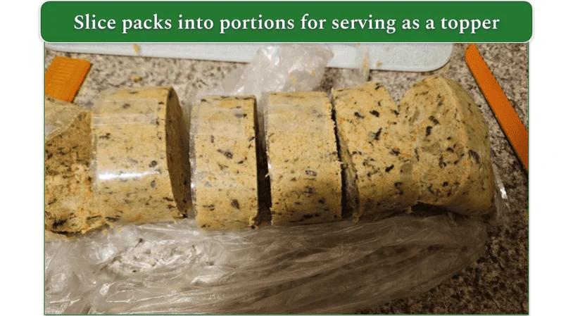 A TFD meal pack sliced into portions