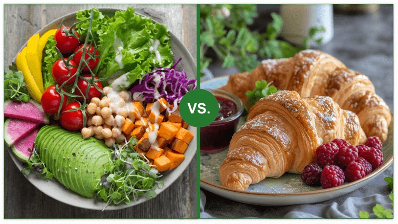 A bowl of chickpea and veggie salad vs. a croissant with jam and raspberries
