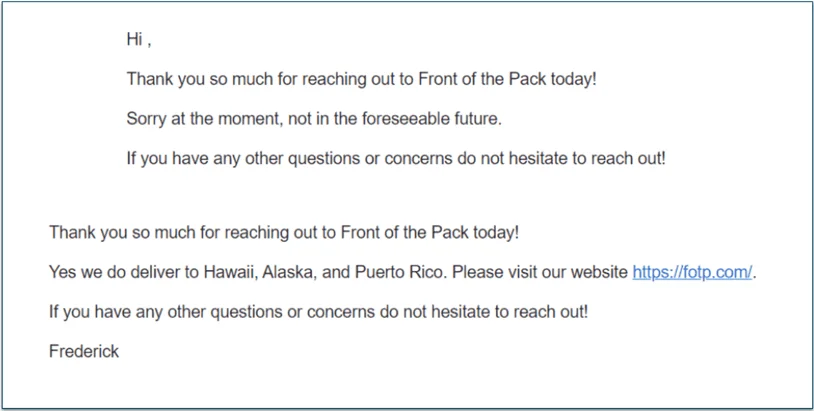 Front of the Pack customer support agents' responses