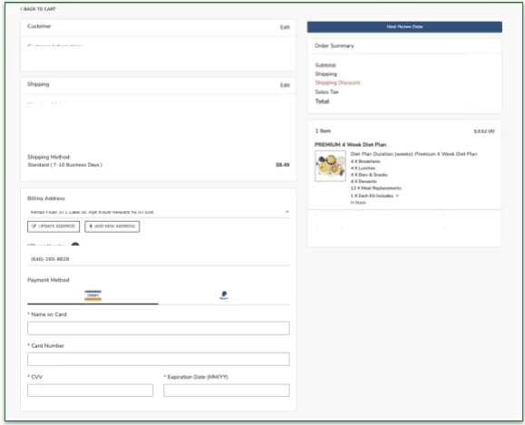 Screenshot of WonderSlim's payment information page