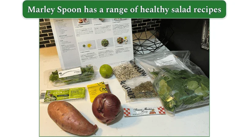 Ingredients laid out for Marley Spoon’s Superfood Spinach & Quinoa Salad