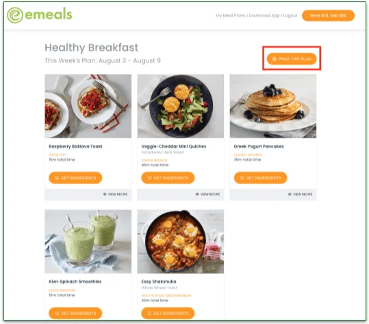 eMeals menu with "print this plan" highlighted