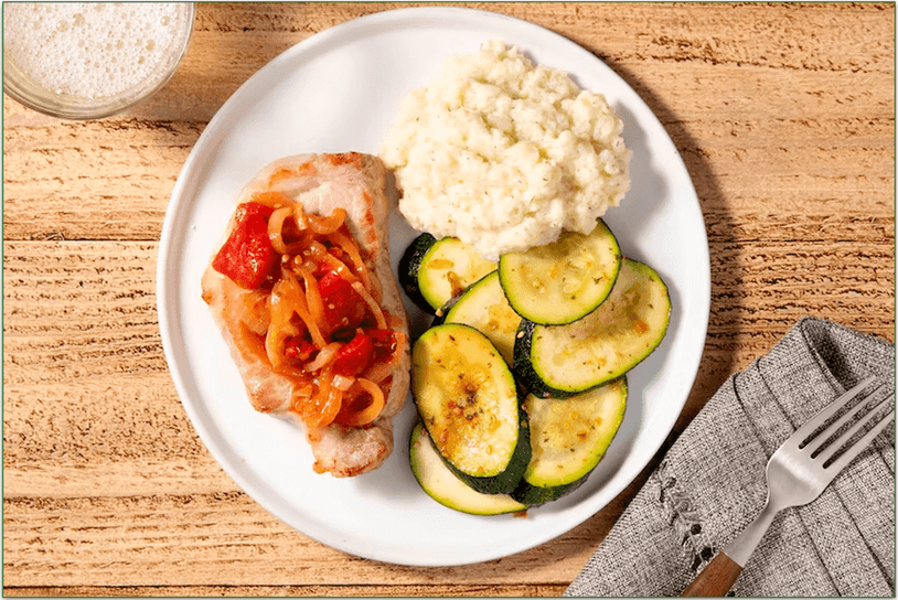 Home Chef's Pork Chop Cacciatore with Cauliflower Mash and Zucchini