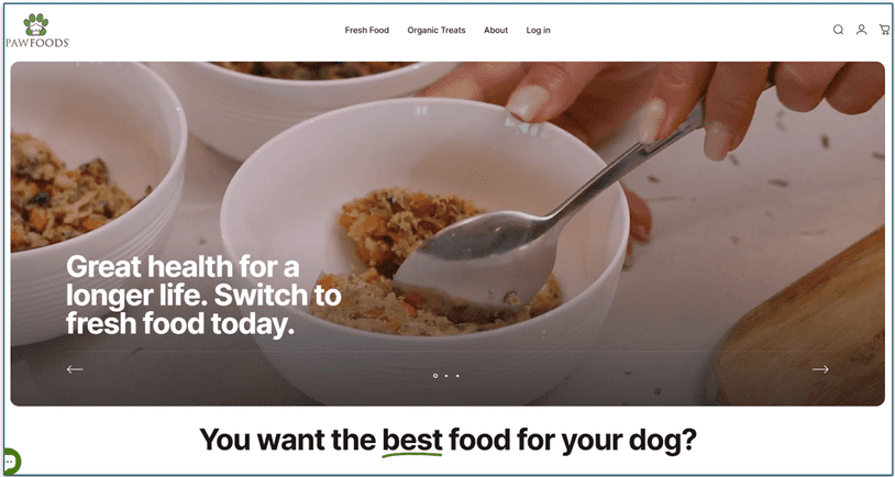 screenshot of PawFoods homepage with an Order Now button