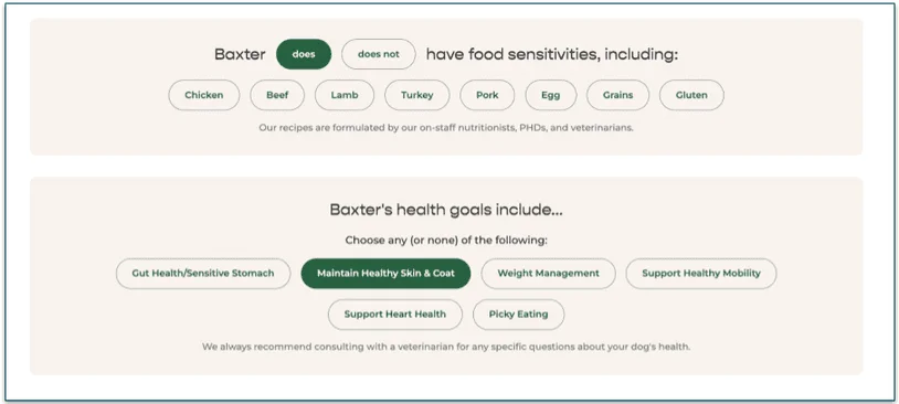 screenshot of the food sensitivities and health goals questions of the freshpet quiz