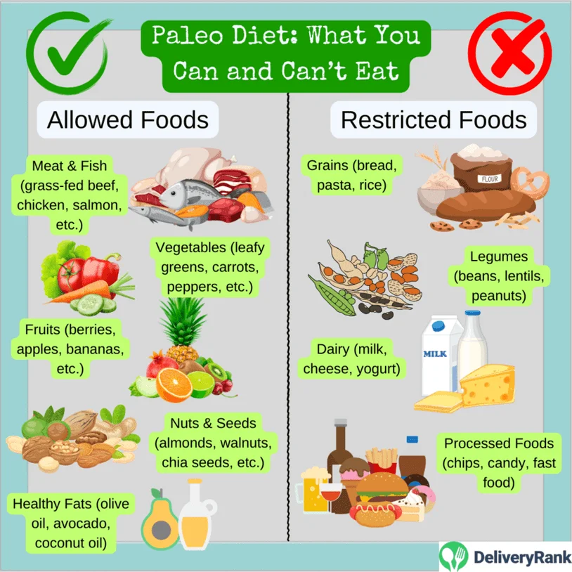 Infographic listing allowed and restricted foods on a Paleo diet