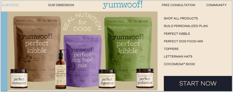 a screenshot of the Yumwoof homepage