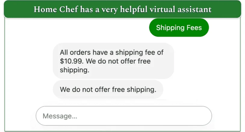 Screenshot of a conversation with Home Chef's Virtual Assistant. 