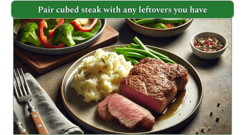 A cut steak served with mashed potatoes and green beans on one and broccoli and sliced bell peppers on another plate.
