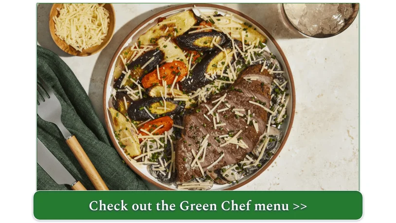 Green Chef's Ranch Steak with Truffle Sauce, Creminis, Roasted Rainbow Carrots, and Parmesan