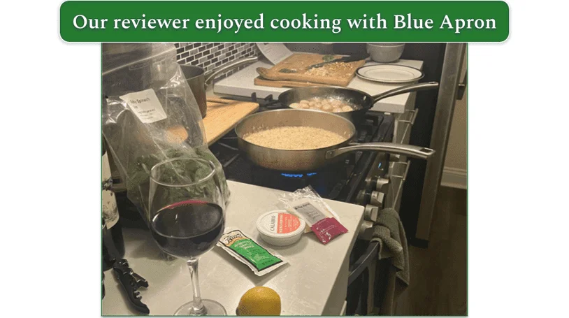 Image of pans on a stovetop as a Blue Apron meal is prepared