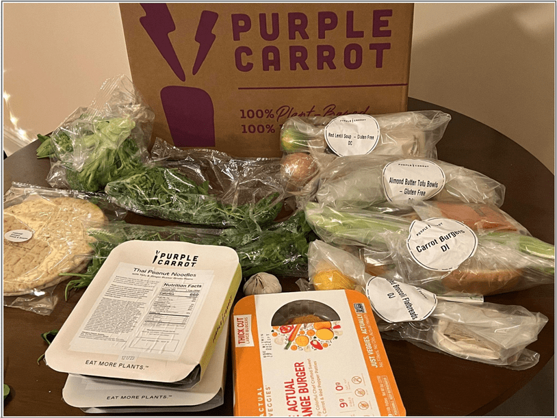 Unpackaged Purple Carrot box and contents