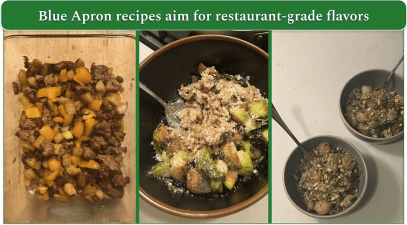 Three Blue Apron dishes side-by-side.