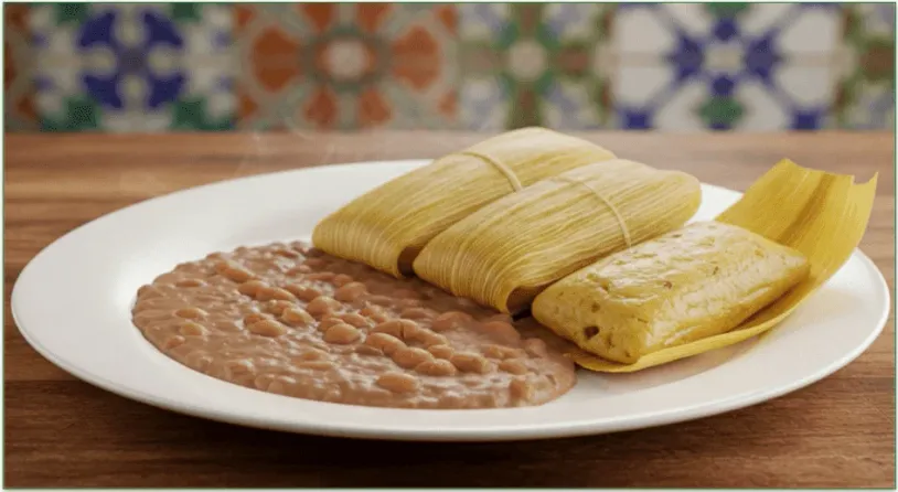 Refried beans on a plate beside 3 tamales.