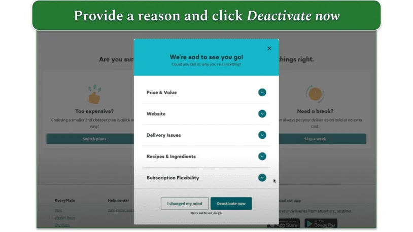 Menu with dropdowns for reasons for canceling your EveryPlate subscription