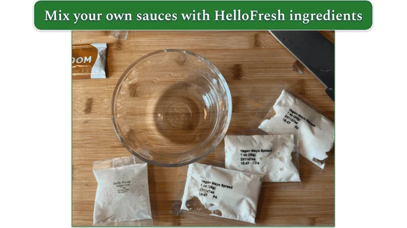 Packages of mayo garlic powder next to an empty condiment bowl