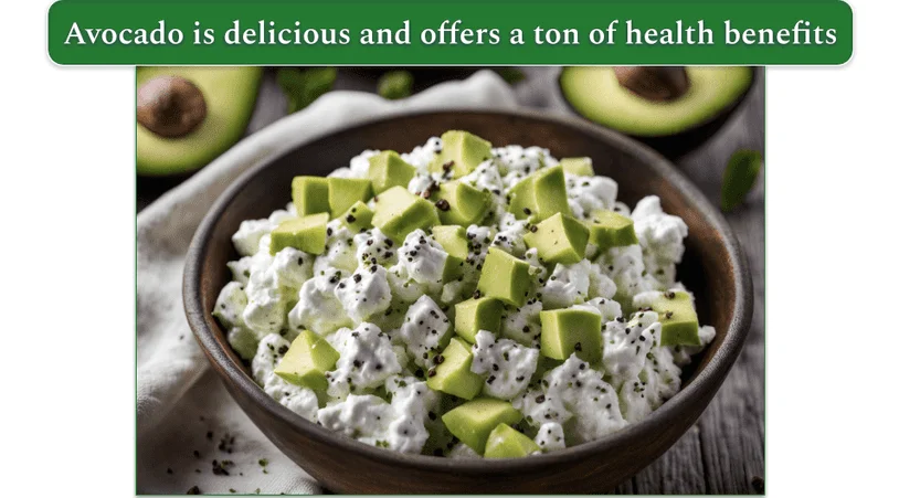 a bowl of cottage cheese topped with Creamy Avocado and Freshly Cracked Black Pepper