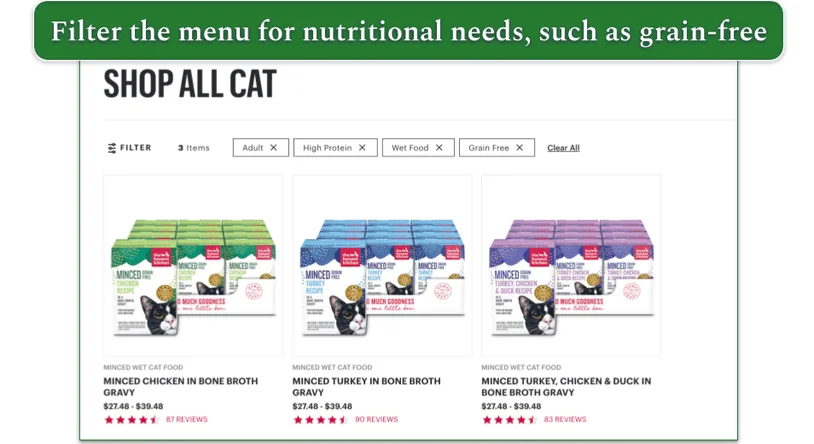 The Honest Kitchen menu with 4 filters applied and 3 products showing