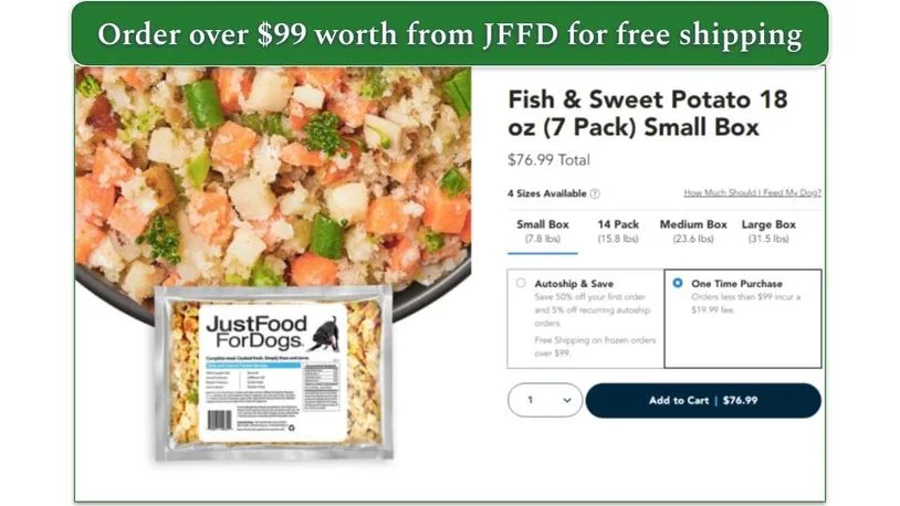 Prices and shipping details for JFFD's Fish & Sweet Potato recipe