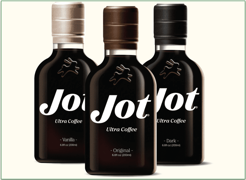 image of bottles of Jot Coffee's 3 flavors including Vanilla, Original, and Dark