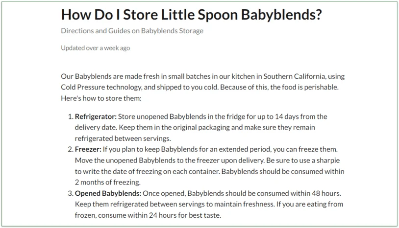 Screenshot of how to store Babyblends in the FAQs