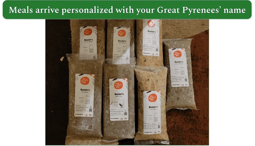 The Farmer’s Dog packaged meals labeled with Baxter’s name