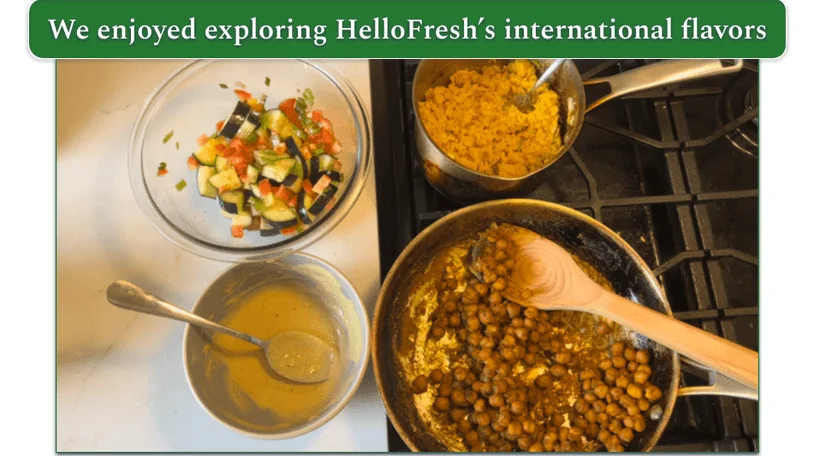 Chickpeas, rice, veggies, and sauce from a HelloFresh meal