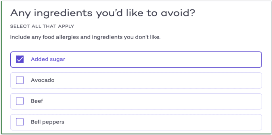 Screenshot of PlateJoy's customizable ingredients list