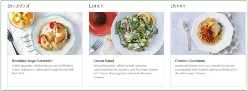 Screenshot of one day's menu on Seattle Sutton, breakfast, lunch, and dinner