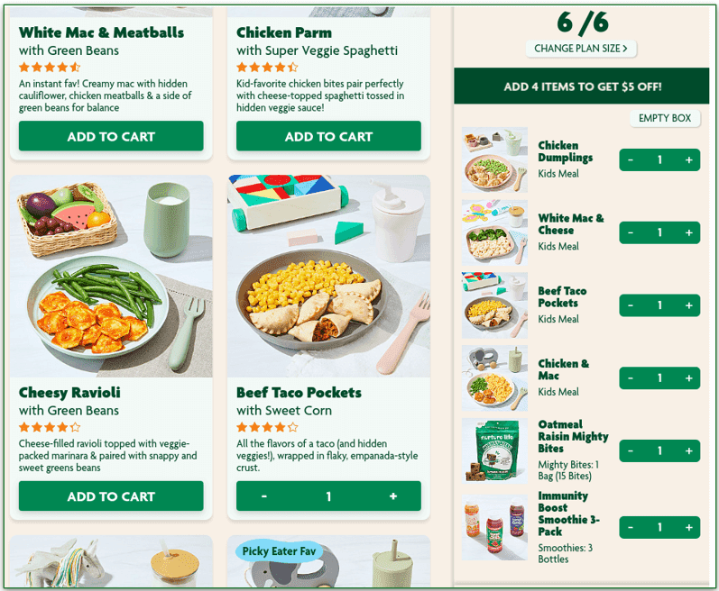 Nurture Life pricing showing that the price per item reduces as you place a larger order