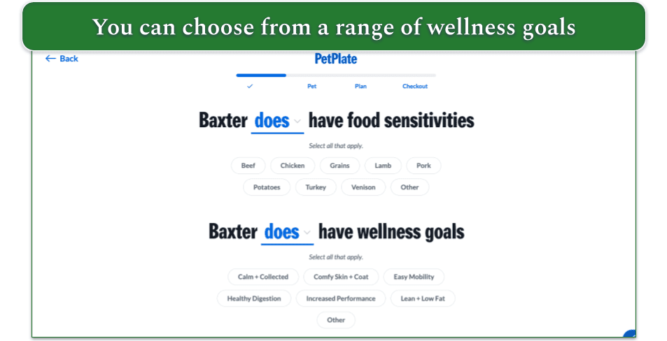 screenshot of petplate's sign up quiz where you can select sensitivities and wellness goals