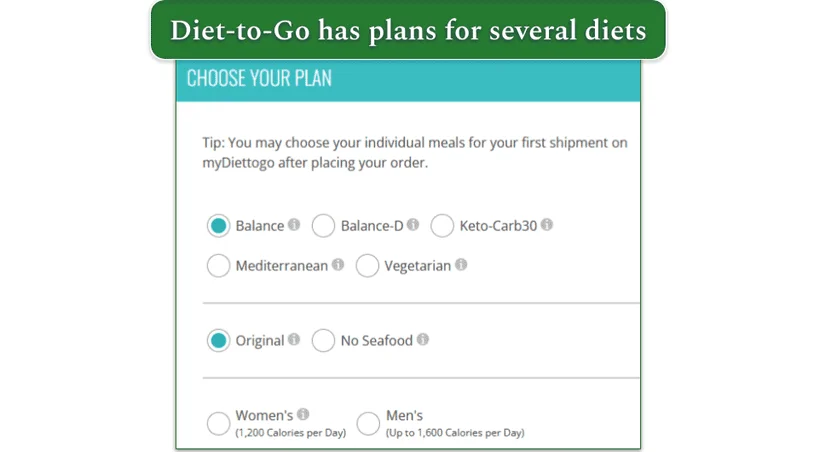 Diet-to-Go's Plan Selection Page