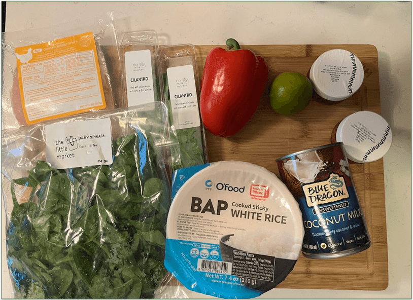 Image of Dinnerly ingredients and how they arrive in the box