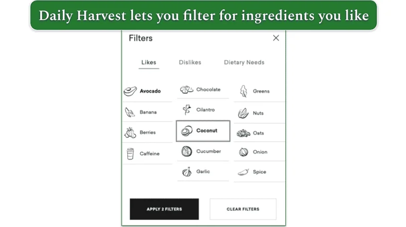 Daily Harvest Filtering Tool ensures you can customize orders with preferred ingredients, dislikes, and dietary needs.