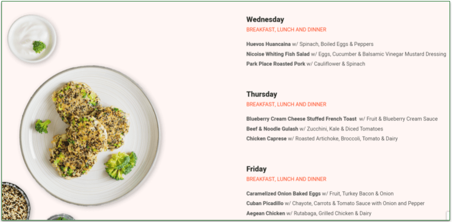  Screenshot of the keto menu dishes over 3 days
