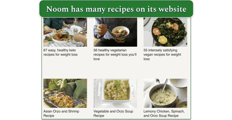 Screenshot of recipes from the Noom blog