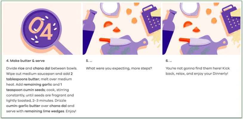 Screenshot of the final 3 steps of a Dinnerly recipe