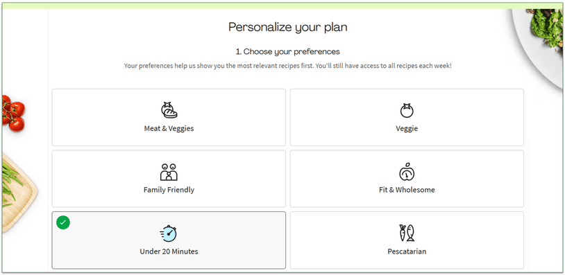 Screenshot of HelloFresh's recipe preference page