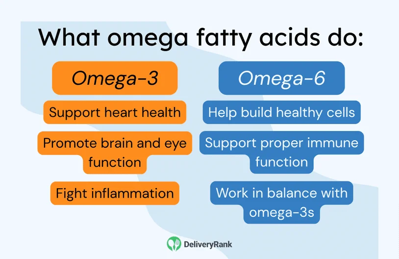 An infographic showing the differences between omega-3 and omega-6 fatty acids.