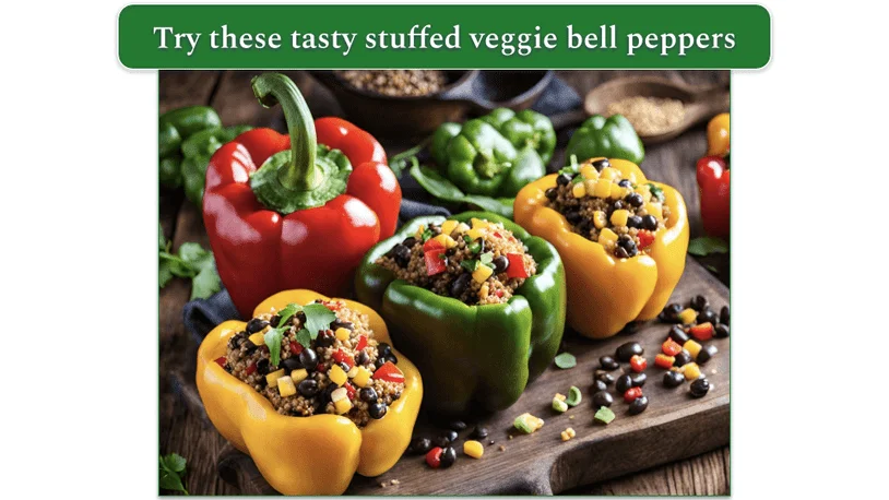a cutting board with vegetarian stuffed peppers